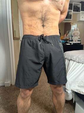 MASSIVE Black Mesh Panel Swim Trunks with Logo Graphic